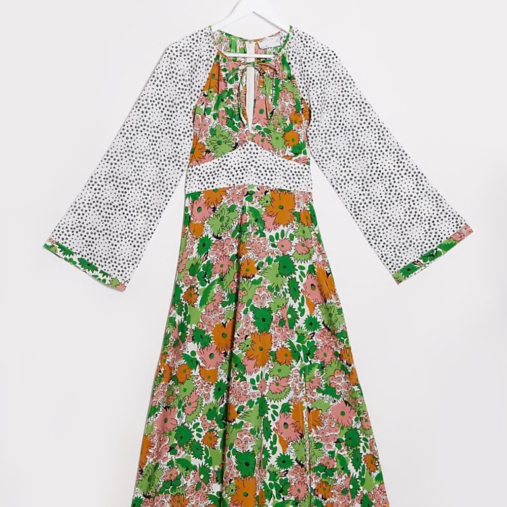 ASOS Floral Midi Dress with Polka Dot Sleeves in Green, Pink, Orange, White